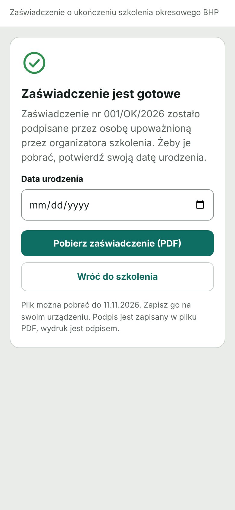 Ekran pobierania zaświadczenia przez kursanta