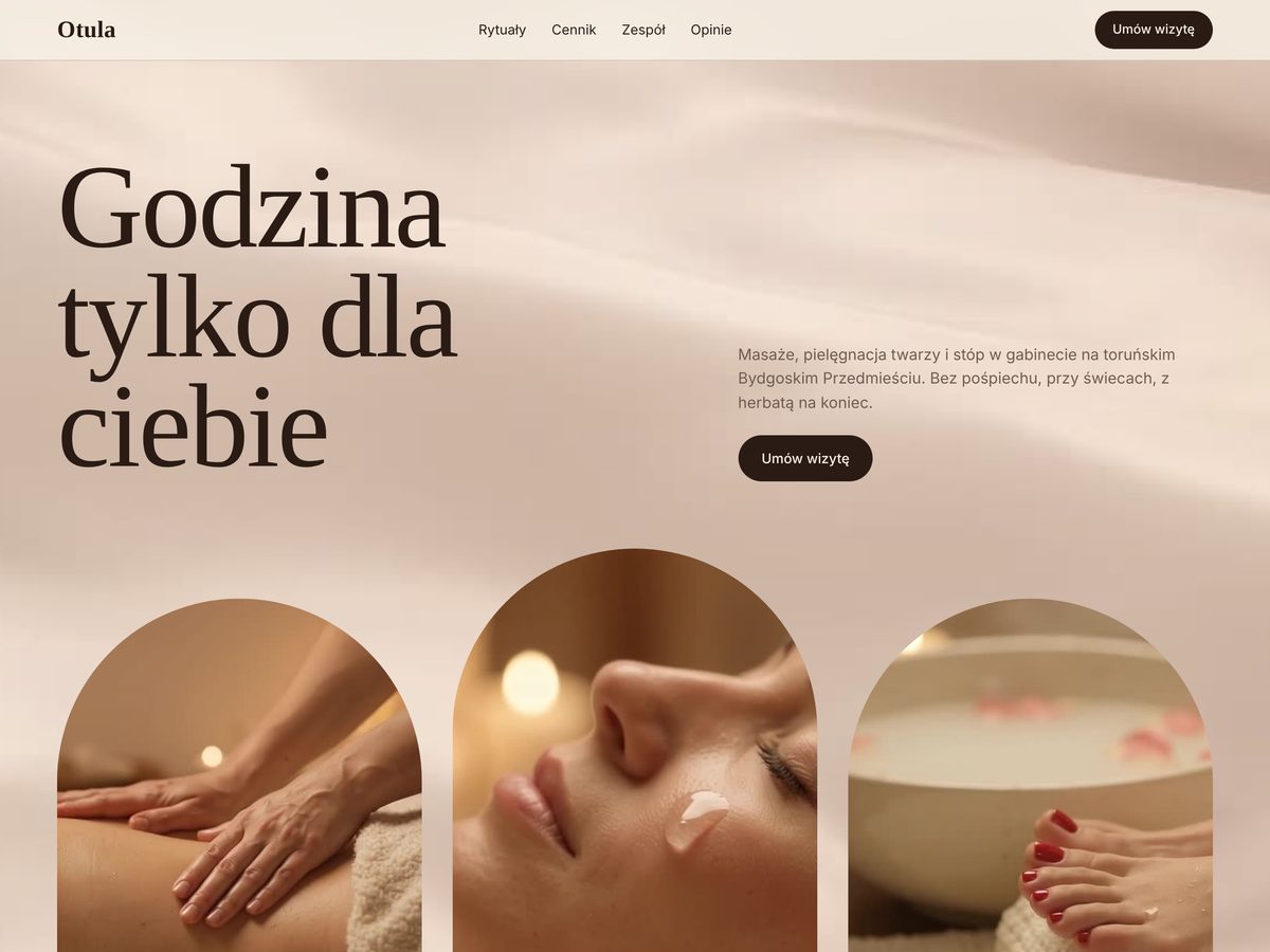 Strona Otula: nagłówek Godzina tylko dla ciebie nad trzema zdjęciami zabiegów